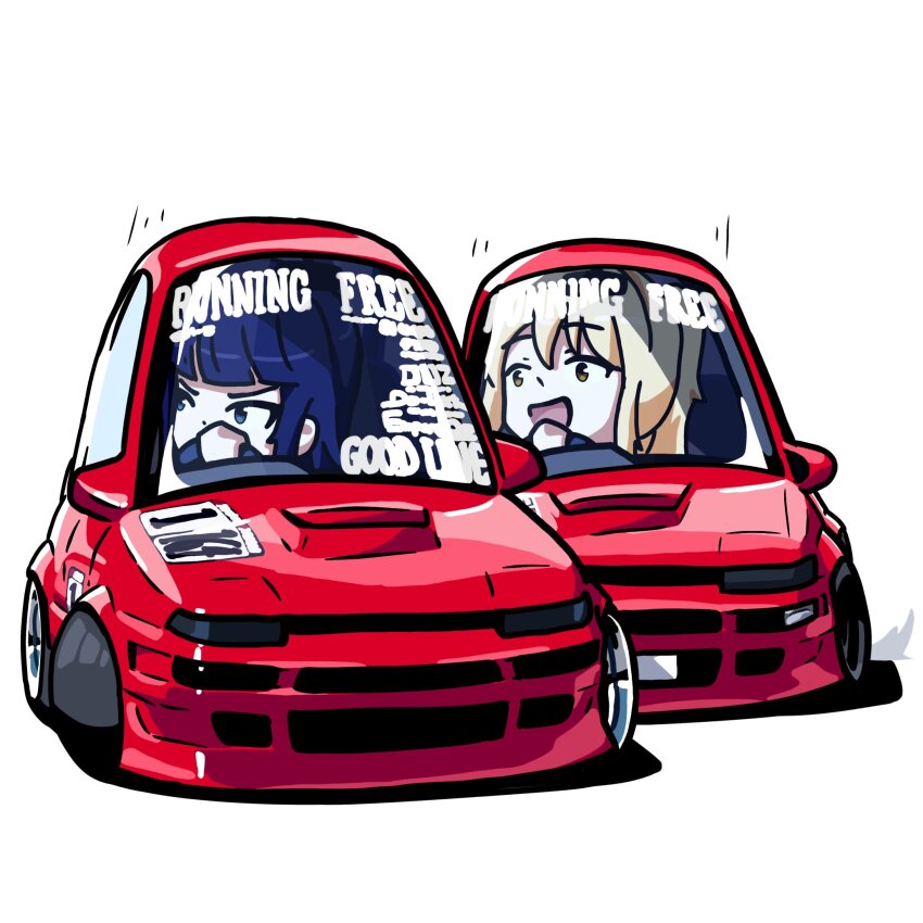 2girls asaka_karin blonde_hair blue_eyes blue_hair commentary diverdiva drifting driving duz english_commentary highres long_hair love_live! love_live!_nijigasaki_high_school_idol_club miyashita_ai motion_lines multiple_girls open_mouth orange_eyes ponytail shadow simple_background smile toyota toyota_sprinter_trueno v-shaped_eyebrows vehicle_focus white_background
