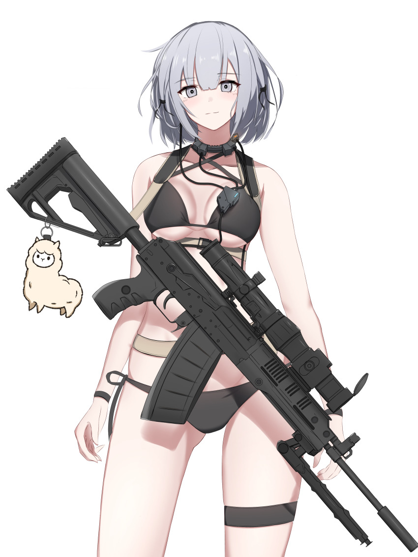 1girl absurdres bad_id bad_pixiv_id bikini black_bra black_panties blush bra breasts drum_magazine extended_barrel female_focus girls&#039;_frontline grey_eyes gun highres light_machine_gun looking_at_viewer machine_gun magazine_(weapon) medium_breasts panties rpk rpk-16 rpk-16_(girls&#039;_frontline) rynn_(rynn_cube) short_hair silver_hair smile solo suppressor swimsuit underwear weapon white_background