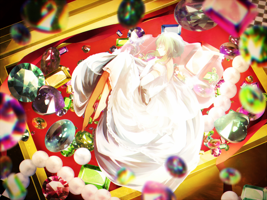 1girl aka_tonbo_(lililil) alternate_costume barefoot blurry bridal_veil closed_eyes depth_of_field dress female_focus fetal_position full_body gem gloves green_eyes gumi heart jewelry lying mini_person minigirl miniskirt necklace no_shoes on_side orange_thighhighs oversized_object pearl_necklace plantar_flexion red_ribbon ribbon short_hair sidelocks single_thighhigh skirt sleeping solo thighhighs veil vocaloid wedding_dress white_dress