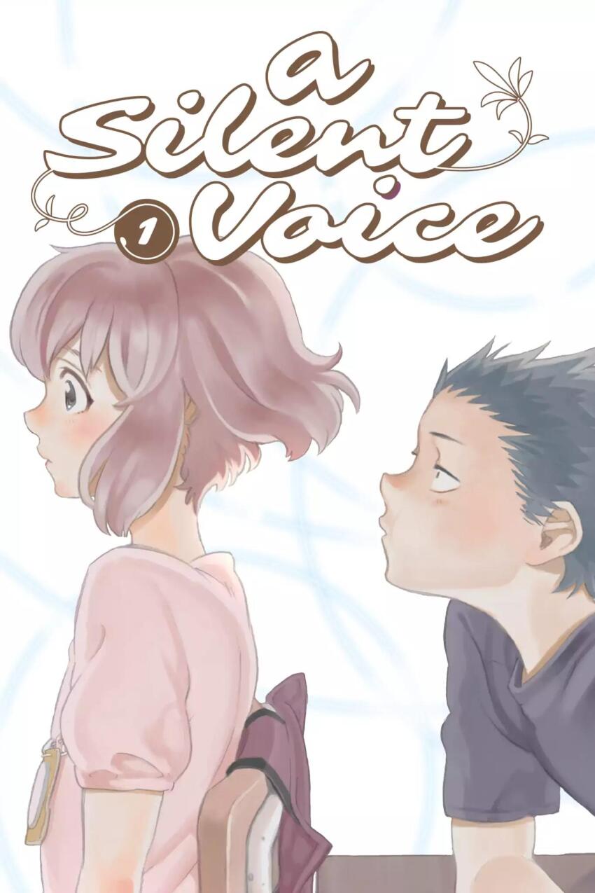 1boy 1girl aged_down black_eyes black_hair black_shirt bob_cut chair child copyright_name desk dot_pupils floating_hair highres ishida_shouya koe_no_katachi leaning_forward name_tag nishimiya_shouko non-web_source official_alternate_hairstyle official_art ooima_yoshitoki pink_shirt profile school_chair school_desk shirt simple_background t-shirt upper_body