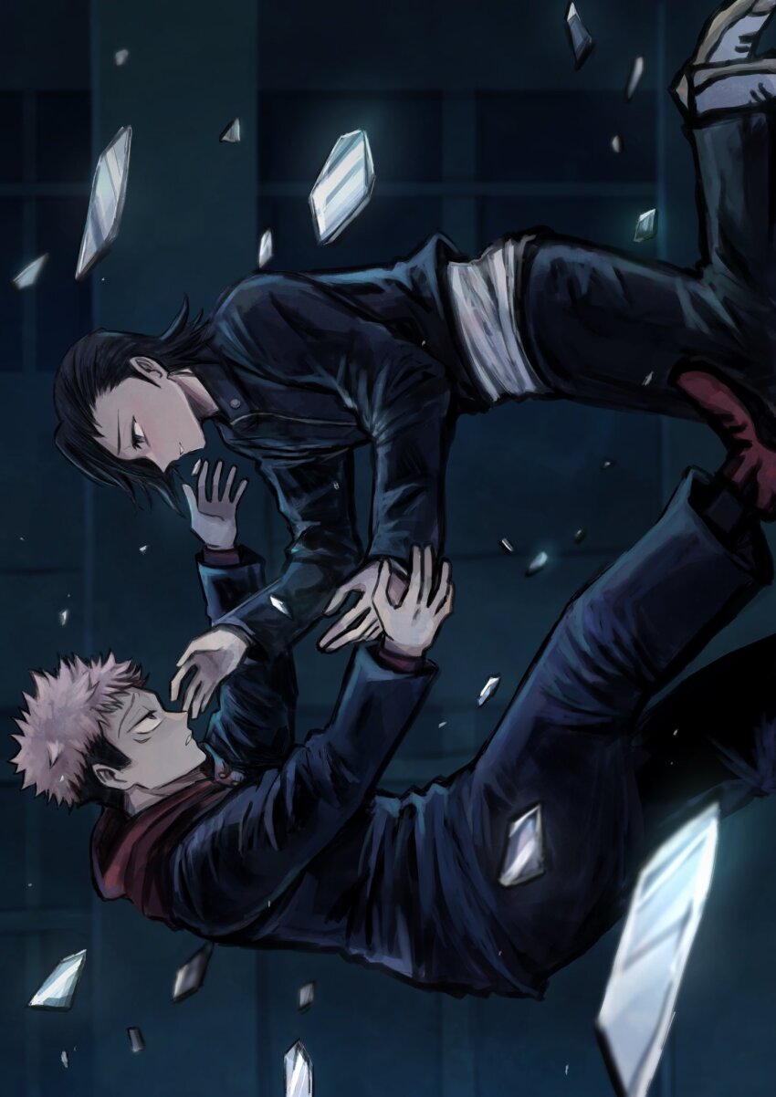 black_hair black_jacket broken_glass falling frown glass hair_over_one_eye highres hood hoodie itadori_yuuji jacket jujutsu_kaisen jujutsu_tech_uniform looking_at_another outstretched_arms parted_lips pink_hair reaching reaching_towards_another red_hoodie scar school undercut y725natsu yoshino_junpei