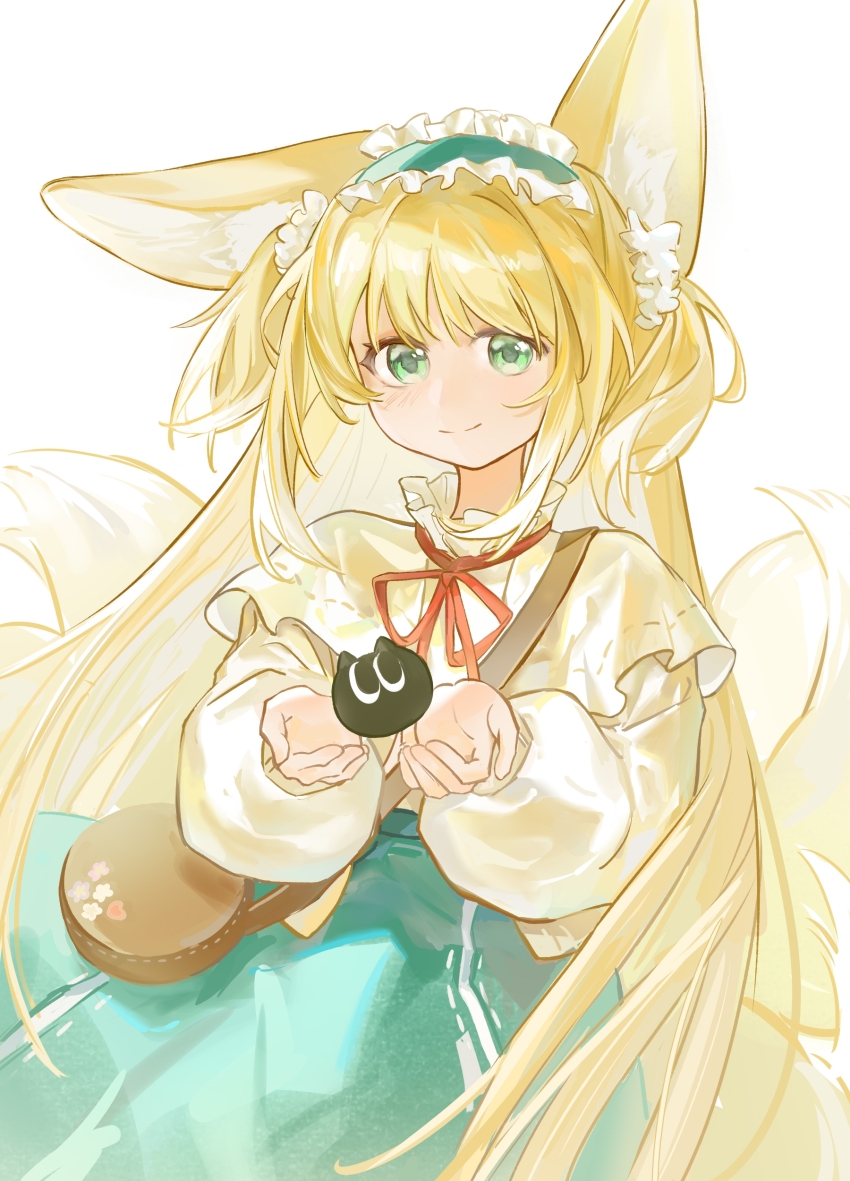 1girl absurdres animal_ear_fluff animal_ears arknights blonde_hair cardigan closed_mouth commentary_request creature cupping_hands frilled_hairband frills green_eyes green_hairband hairband heixiu highres holding holding_creature long_hair long_sleeves luo_xiaohei_zhanji multiple_tails neck_ribbon official_alternate_costume own_hands_together puffy_long_sleeves puffy_sleeves red_ribbon ribbon sen6844141 simple_background single_ear_down smile solo split_mouth suzuran_(arknights) suzuran_(spring_praise)_(arknights) tail white_background white_cardigan