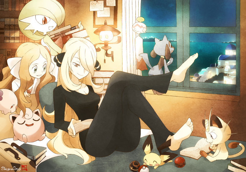 2girls barefoot bed blonde_hair book brown_eyes caitlin_(pokemon) cherish_ball chimecho cynthia_(pokemon) feet gardevoir gen_1_pokemon gen_2_pokemon gen_3_pokemon gen_4_pokemon gen_5_pokemon green_eyes hair_ornament hair_over_one_eye highres indoors jigglypuff lampent long_hair luxury_ball lying meowth multiple_girls munna night night_sky nintendo ocean photoshop_(medium) pichu poke_ball pokemon pokemon_(creature) pokemon_dppt pokemon_platinum reading revision riolu shigino_sohuzi sky smile themed_object window