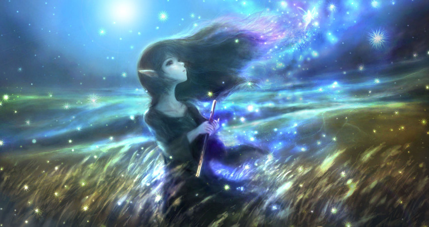 00 blurry collarbone dark dress elf fairy fantasy field flute full_moon highres instrument light_particles long_hair looking_at_another looking_up magic moon night original pointy_ears scenery silhouette solo wheat wind