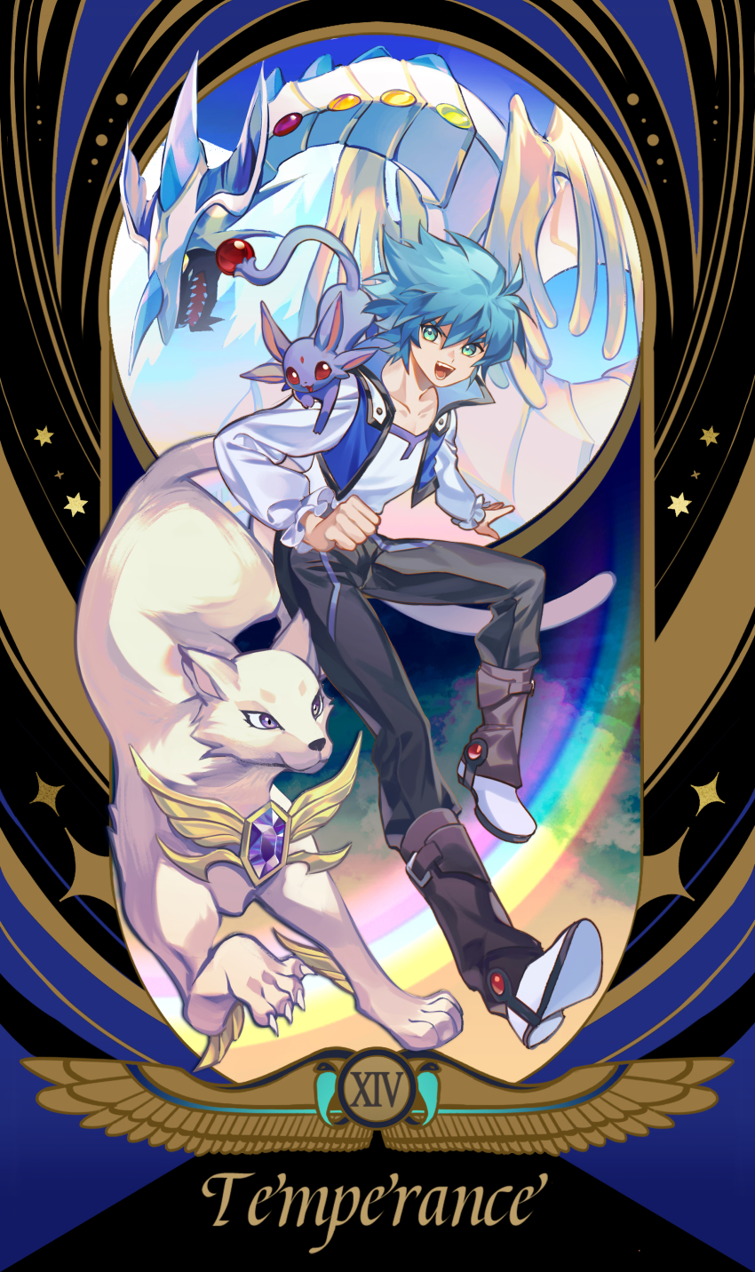 1boy absurdres aqua_eyes aqua_hair black_pants border card_(medium) cropped_jacket crystal_beast_amethyst_cat crystal_beast_ruby_carbuncle dragon duel_monster english_text full_body highres jacket johan_andersen male_focus open_clothes open_jacket pants rainbow_dragon revision roman_numeral shirt short_hair solo_focus ssbaby tarot tarot_(medium) temperance_(tarot) white_shirt yu-gi-oh! yu-gi-oh!_gx