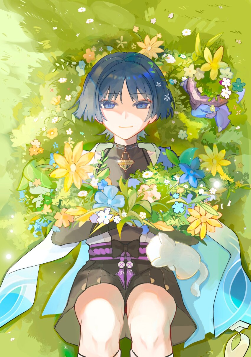 1boy absurdres aranara_(genshin_impact) armor belt black_belt black_bodysuit black_bow black_bridal_gauntlets black_hair black_shorts blue_flower blue_pupils blunt_ends bodysuit bow bridal_gauntlets cat closed_mouth covered_collarbone creature dragon empty_eyes flower from_above furisode genshin_impact green_flower grey_eyes hakama hakama_shorts highres holding holding_flower japanese_armor japanese_clothes kimono kote kurokote looking_at_viewer lying male_focus mandarin_collar mini_durin_(dragon)_(genshin_impact) mini_durin_(genshin_impact) on_back on_grass open_clothes open_kimono orange_flower pleated_shorts purple_flower purple_rope purple_sash rope sash scaramouche_(genshin_impact) shorts shoulder_peek small_dragon smile solo straight-on suyi42478390 wanderer_(genshin_impact) white_cat white_flower white_kimono white_trim wispy_bangs yellow_flower