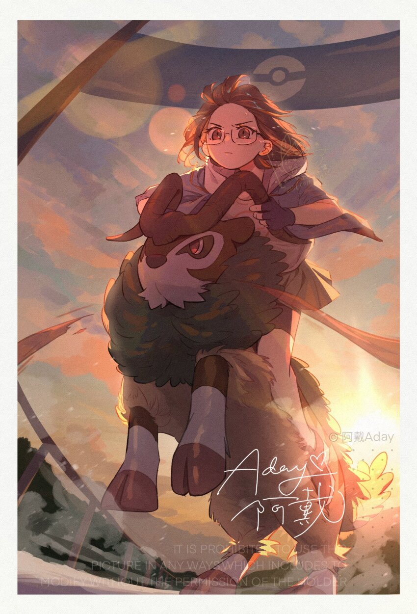 1girl animal_nose black_shoes blue_jacket border brown_eyes brown_hair fluffy full_body gen_6_pokemon glasses goat gogoat green_fur green_skirt highres hooves horns jacket looking_at_viewer nintendo outdoors pokemon pokemon_(creature) red_eyes riding riding_pokemon robinlovesop shirt shoes skirt socks sun white_border white_shirt white_socks yellow_fur
