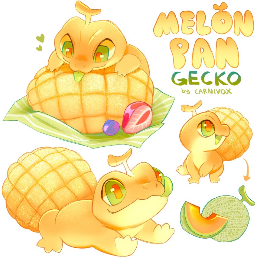 adoptable animal animal_focus bread carnivox reference_sheet food food-themed_creature fruit gecko green_eyes highres lizard melon melon_bread multiple_views no_humans original simple_background strawberry tail white_background