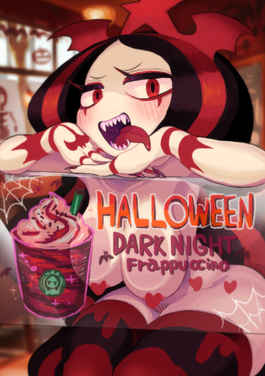 1girl against_glass animal_print areola_slip bat_print black_hair blush breast_press breasts breasts_on_glass censored coffee colored_eyelashes colored_skin commentary_request convenient_censoring crown cup english_text fangs female_pubic_hair fingernails gashi-gashi halloween head_rest heart heart_censor highres indoors large_breasts long_eyelashes long_hair long_tongue looking_at_viewer multicolored_hair nail_polish nude open_mouth original personification print_thighhighs product_girl pubic_hair red_eyes red_hair red_nails sharp_fingernails sharp_teeth sitting slit_pupils smile solo starbucks stb-chan streaked_hair striped teeth thighhighs tongue tongue_out wavy_hair white_skin