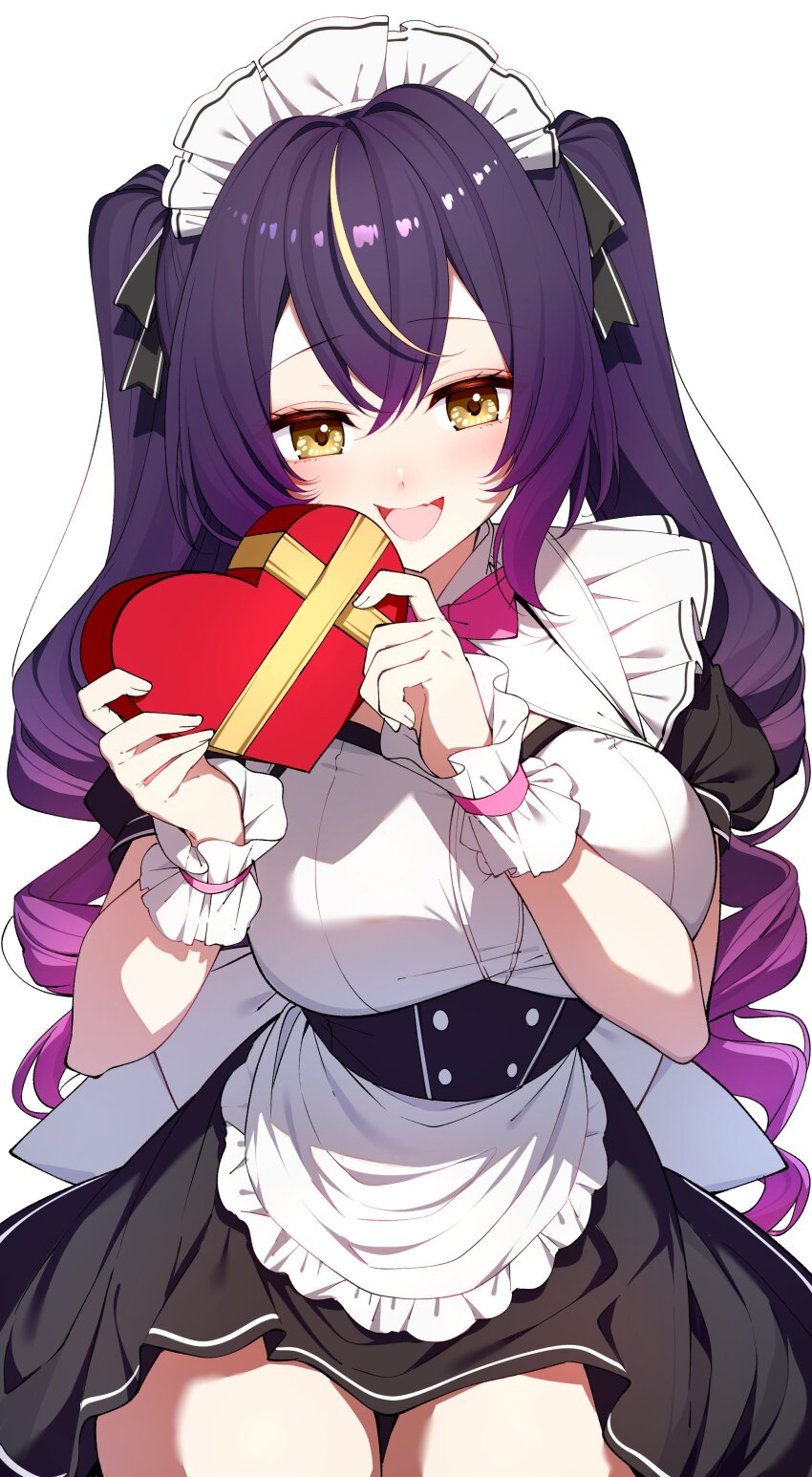 1girl :d absurdres alternate_costume alternate_hairstyle apron black_dress blonde_hair blush bow bowtie box breasts commentary darjeeling_(reley) dress drill_hair english_commentary frilled_apron frills gradient_hair hair_between_eyes heart-shaped_box highres holding holding_box large_breasts lua_asuka maid maid_headdress multicolored_hair open_mouth production_kawaii puffy_short_sleeves puffy_sleeves purple_hair second-party_source short_sleeves simple_background sitting smile solo streaked_hair tongue twin_drills virtual_youtuber waist_apron white_apron white_background white_wrist_cuffs wrist_cuffs yellow_eyes