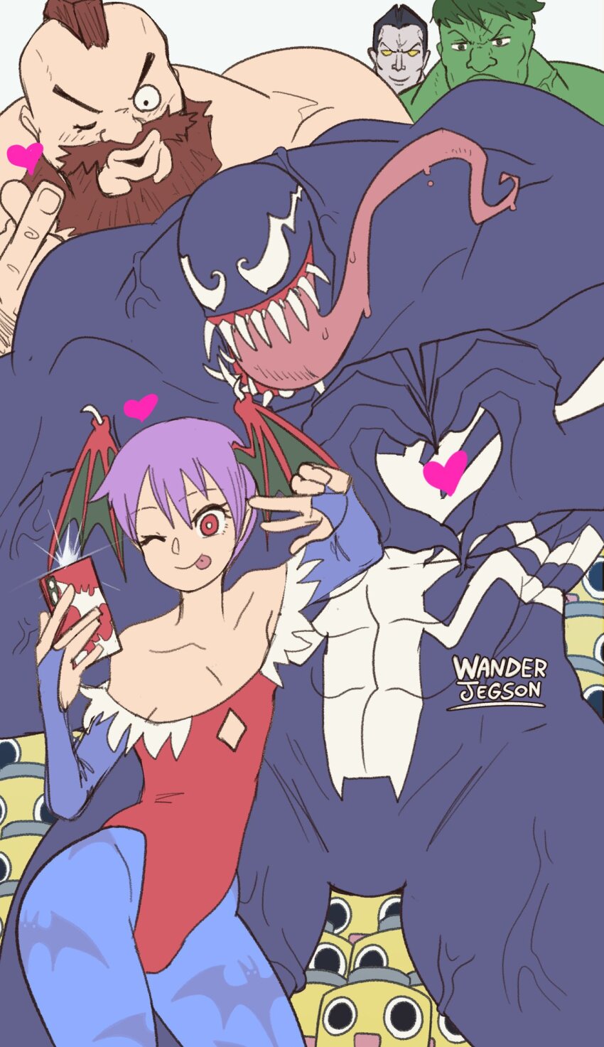 3boys abs animal_print bat_print bat_wings beard blue_pantyhose bridal_gauntlets capcom cellphone colossus_(x-men) demon_girl diamond_cutout facial_hair flat_chest head_wings highres hulk hulk_(series) leotard lilith_(darkstalkers) long_tongue marvel marvel_vs._capcom marvel_vs._capcom_2 mega_man_(series) mega_man_legends_(series) monster_boy multiple_boys muscular muscular_male one_eye_closed pantyhose phone print_pantyhose purple_hair purple_pantyhose red_eyes red_leotard sharp_teeth smile spider-man_(series) symbiote teeth tongue darkstalkers venom_(marvel) very_long_tongue wanderjegson wings x-men zangief