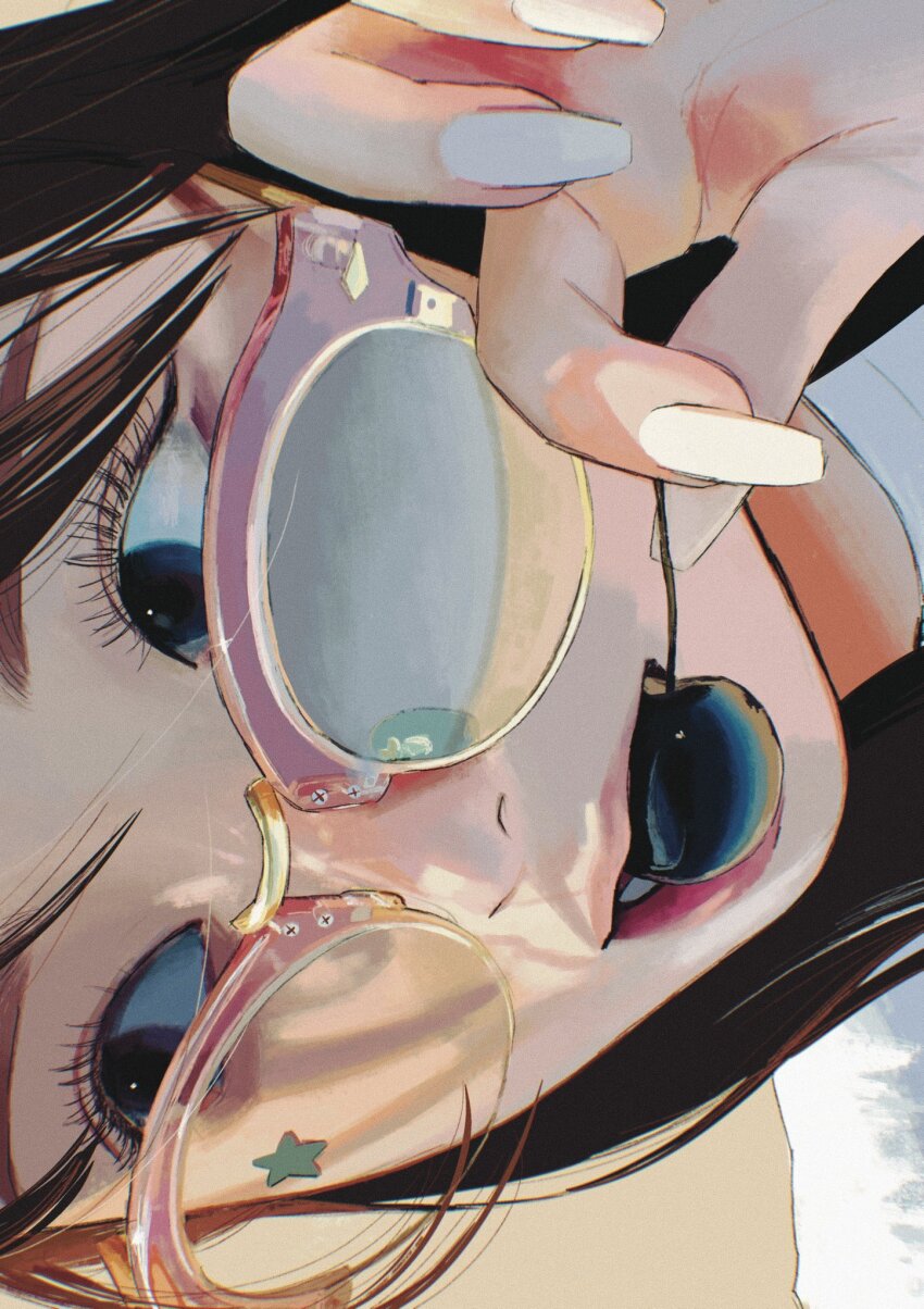 1girl blue_eyes close-up eyelashes fingernails food fruit glasses highres holding holding_food holding_fruit lips looking_to_the_side might117 nail_polish open_clothes original pink-framed_eyewear pink_lips realistic shadow shirt simple_background solo star_(symbol) sunglasses white_nails white_shirt