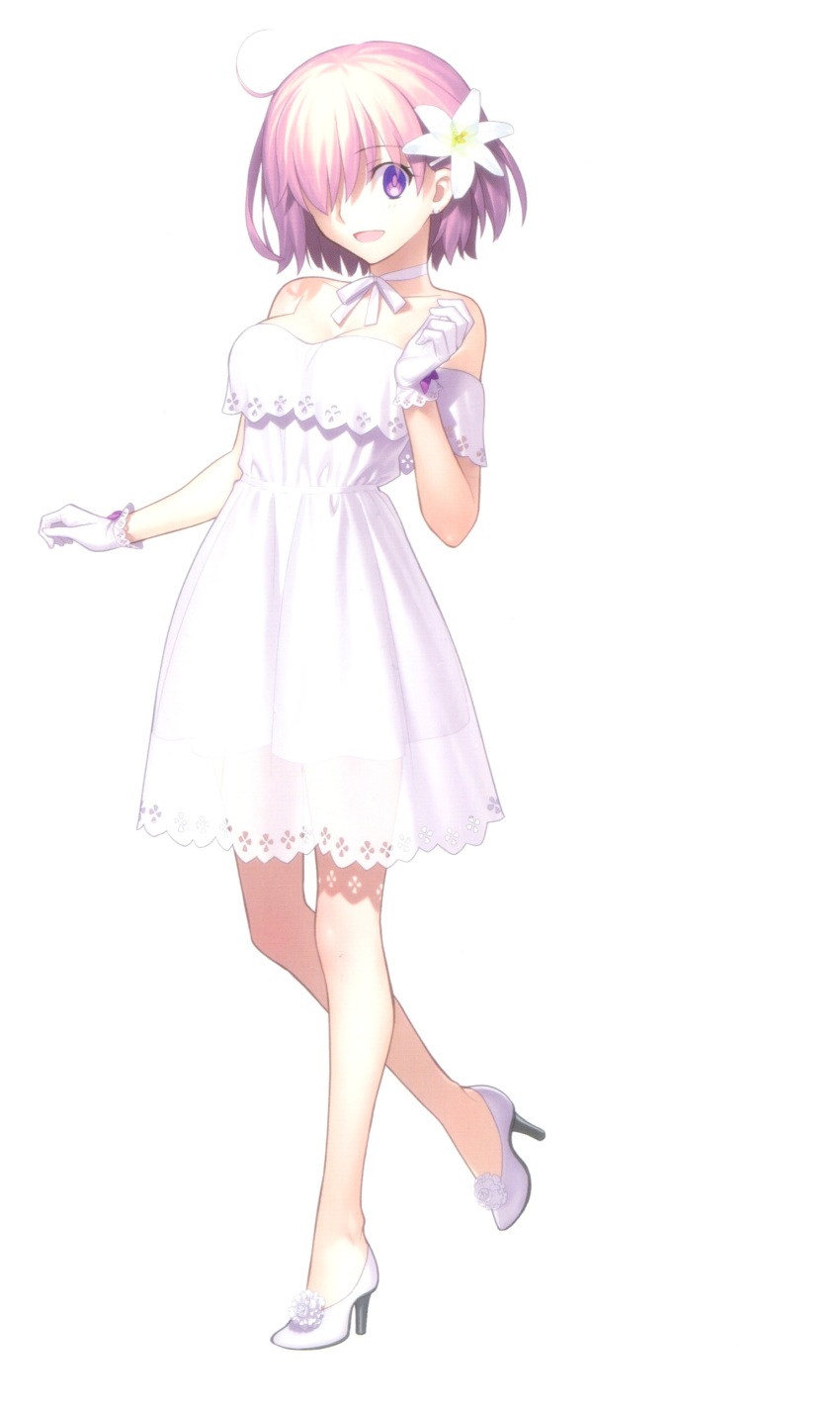 1girl :d absurdres bare_shoulders choker collarbone craft_essence_(fate) dress fate/grand_order fate_(series) flower gloves hair_flower hair_ornament hair_over_one_eye heroic_spirit_formal_dress highres indoors lily_(flower) looking_at_viewer mash_kyrielight mash_kyrielight_(formal_dress) official_alternate_costume official_art open_mouth purple_eyes purple_hair ribbon_choker see-through_clothes short_dress short_hair smile solo standing takeuchi_takashi white_dress white_gloves white_neckwear