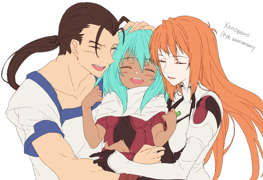 2girls breasts dark-skinned_female dark_skin elhaym_van_houten emerada_(xenogears) fei_fong_wong gloves green_hair highres hime_gyo long_hair midriff multiple_girls navel open_mouth orange_hair scarf simple_background smile torn_clothes white_background xenogears