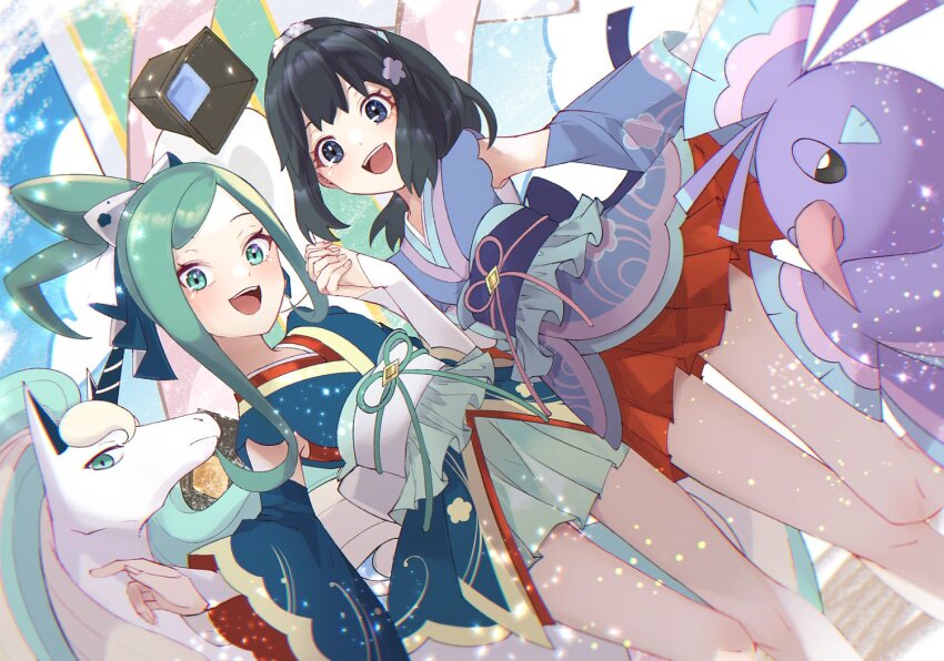 2girls :d alternate_color black_hair commentary_request dawn_(new_year&#039;s_2023)_(pokemon) dawn_(pokemon) eyelashes galarian_form galarian_rapidash gen_7_pokemon gen_8_pokemon green_eyes green_hair green_ribbon green_skirt grey_eyes hair_ornament happy holding_hands japanese_clothes kimono knees lisia_(new_year&#039;s_2023)_(pokemon) lisia_(pokemon) looking_at_viewer multiple_girls nintendo official_alternate_costume open_mouth oricorio oricorio_(sensu) pleated_skirt pokemon pokemon_masters_ex red_skirt ribbon sash shiny_pokemon skirt smile ssn_(sasa8u9r) teeth tongue upper_teeth_only white_sash