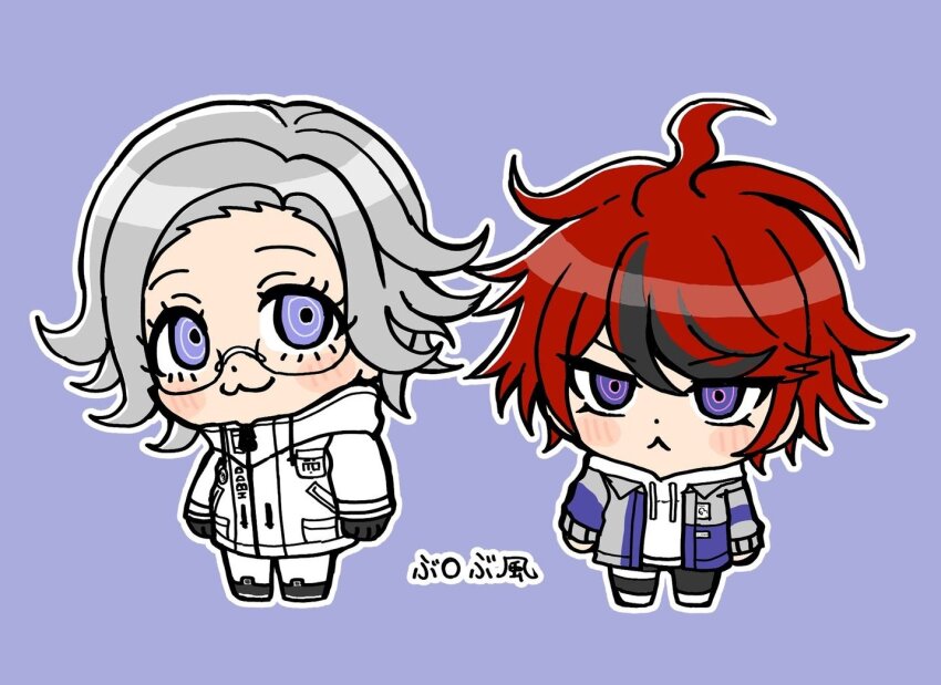 2boys :3 ahoge aotsuki_eito black_hair blue_eyes blush chibi chibi_only closed_mouth full_body glasses grey_hair hair_between_eyes hoodie jacket male_focus messy_hair multicolored_hair multiple_boys parted_hair purple_background purple_eyes red_hair standing streaked_hair sumino_takumi the_hundred_line_-last_defense_academy- white_hoodie white_jacket