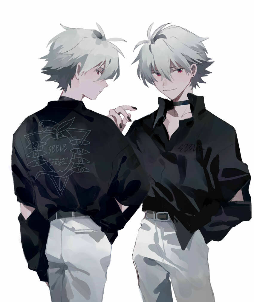 1boy absurdres alternate_costume belt black_choker black_nails choker collared_shirt cowboy_shot cropped_legs from_behind grey_hair hair_between_eyes highres male_focus mogutofuoes multiple_views nagisa_kaworu nail_polish neon_genesis_evangelion pants red_eyes shirt short_hair simple_background white_background white_pants