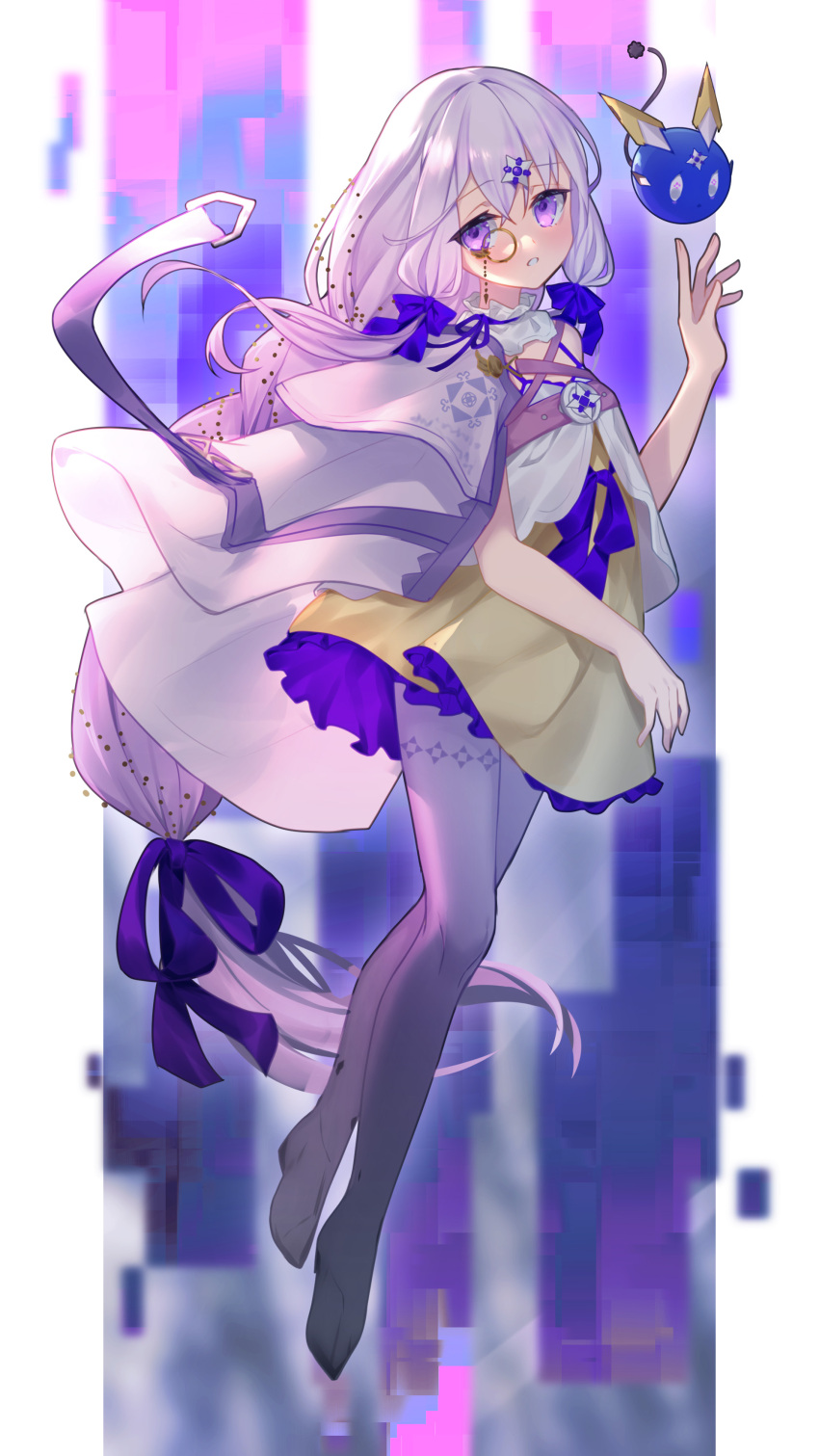 1girl :o absurdres arcaea bare_shoulders boots bow braid charon_(arcaea) collar dress full_body hair_between_eyes hair_ornament highres jacket lagrange_(arcaea) long_hair monocle murasaki_satori purple_boots purple_bow purple_eyes purple_hair shy sidelocks single_braid solo thigh_boots twintails white_jacket yellow_dress