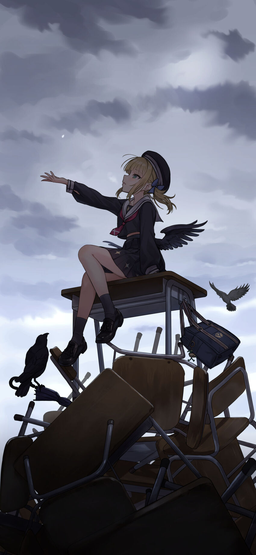 1girl absurdres ankle_socks bag bag_charm beret bird black_hat black_shirt black_shoes black_skirt black_socks black_umbrella black_wings blonde_hair blue_bag bow chair charm_(object) cloud cloudy_sky commentary_request crow desk feathered_wings foot_dangle full_body green_eyes hair_bow hand_up hat highres kanipanda loafers long_hair long_sleeves looking_up low_wings midriff_peek neckerchief on_desk original outdoors outstretched_arm pile pleated_skirt purple_bow red_neckerchief sailor_collar school_bag school_chair school_desk school_uniform serafuku shirt shoes sitting skirt sky snowing socks solo umbrella white_sailor_collar wings