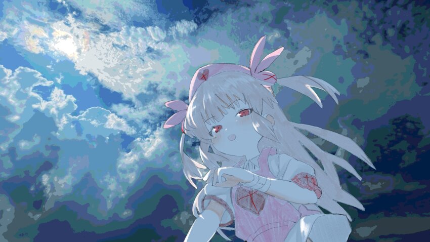 1girl apron armband bandaged_arm bandages blue_sky cloud cloudy_sky commentary_request dress grey_hair hair_ornament hat heart highres long_hair looking_at_viewer natori_sana nurse_cap open_mouth outdoors pink_apron pink_hat rabbit_hair_ornament red_armband red_eyes sana_channel shinbashi_seiji short_sleeves sky solo two_side_up virtual_youtuber white_dress