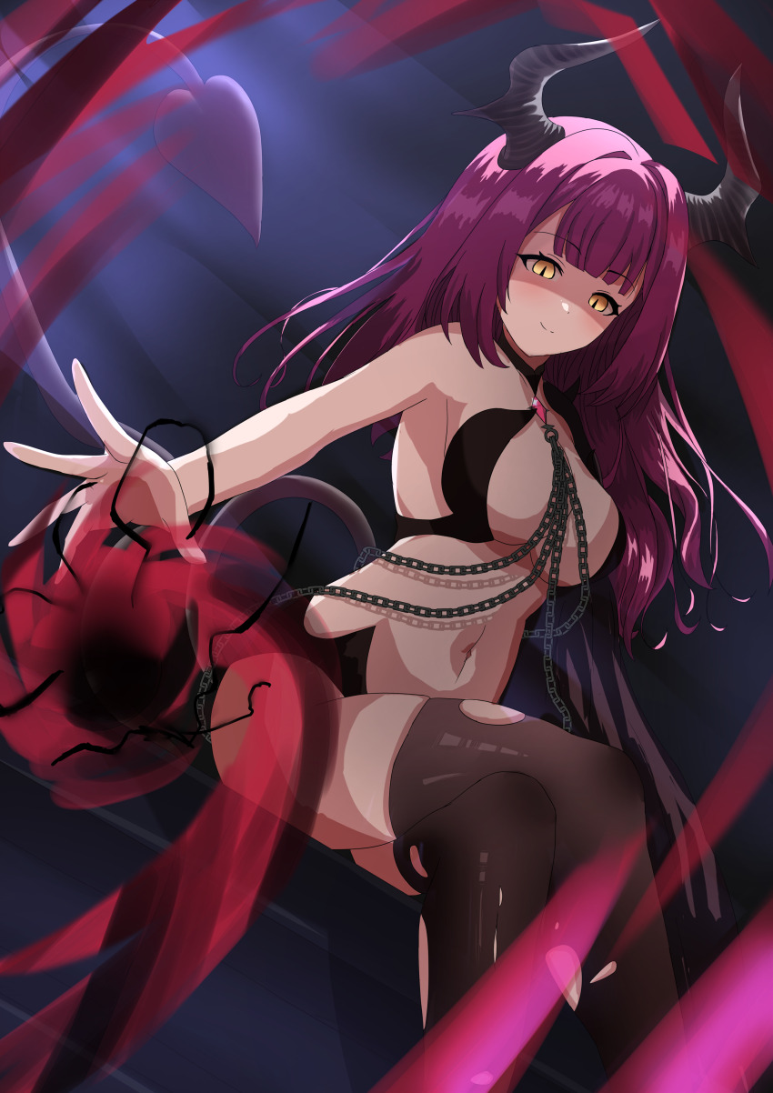 absurdres azur_lane dark_background devonshire_(azur_lane) devonshire_(sadistic_demon)_(azur_lane) highres horns purple_hair tenppp thighhighs yellow_eyes