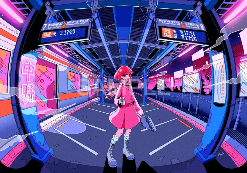 1girl belt blunt_bangs boots can cityscape commentary fisheye full_body grey_boots hair_between_eyes highres holding holding_can holding_suitcase jacket kneehighs long_sleeves nakazawa_ayami neon_lights neon_palette night night_sky original outdoors pink_jacket pink_skirt red_belt red_hair scarf short_hair sign skirt sky socks solo subway subway_station suitcase
