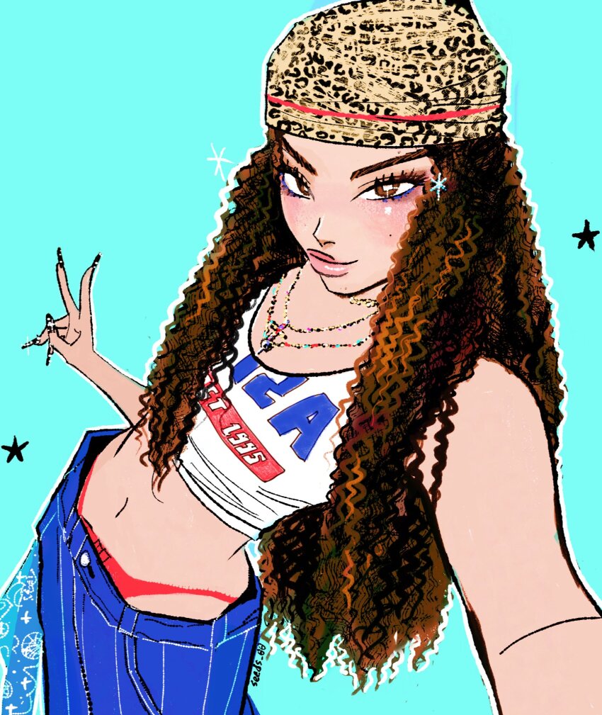 1girl animal_print bandana birthday blue_background blue_pants brown_eyes brown_hair commentary crop_top daniela_(katseye) english_commentary from_above highres jewelry katseye leopard_print long_hair makeup midriff navel necklace panties pants panty_straps real_life red_panties seeds_00 shirt solo star_(symbol) striped_clothes striped_pants underwear vertical-striped_clothes vertical-striped_pants wavy_hair white_shirt
