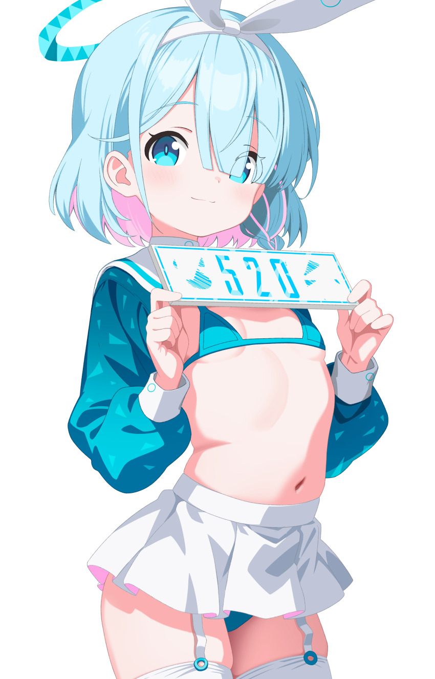 1girl :3 absurdres aqua_eyes aqua_hair aqua_pupils arched_back arona_(blue_archive) bikini blue_archive blue_bikini blue_halo blue_shirt blunt_bangs blush bow bow_hairband braid breasts bright_pupils c-r-carlos closed_mouth colored_inner_hair commentary cowboy_shot dot_nose garter_straps hair_over_one_eye hairband halo hands_up highres holding holding_sign long_sleeves looking_at_viewer making-of_available medium_hair micro_bikini microskirt multicolored_hair navel parted_bangs photoshop_(medium) pink_hair pleated_skirt puffy_long_sleeves puffy_sleeves sailor_collar shirt shrug_(clothing) sign simple_background single_braid skindentation skirt sleeve_cuffs small_breasts smile solo split_mouth swimsuit tareme thighhighs thighs two-sided_fabric two-sided_skirt white_background white_bow white_hairband white_sailor_collar white_skirt white_sleeve_cuffs white_thighhighs