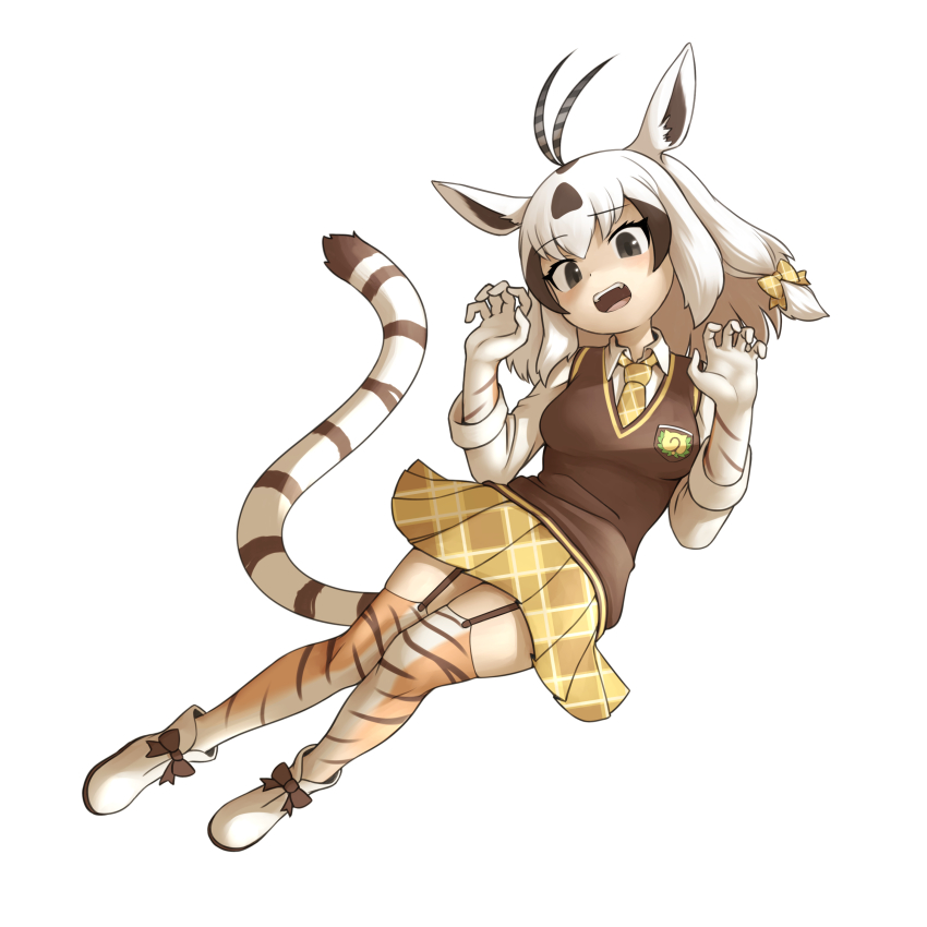 absurdres animal_ears animal_print arabian_oryx_(kemono_friends) blush boots bow brown_eyes brown_hair brown_vest claw_pose collared_shirt cosplay elbow_gloves fangs garter_straps gazelle_ears gazelle_horns gazelle_tail gloves hair_bow highres japari_symbol kemono_friends long_sleeves looking_at_viewer neckerchief necktie okome_kogashi open_mouth plaid_clothes plaid_necktie plaid_skirt pleated_skirt print_thighhighs shirt short_hair siberian_tiger_(kemono_friends) siberian_tiger_(kemono_friends)_(cosplay) skirt solo thighhighs tiger_print vest white_boots white_gloves white_hair white_shirt yellow_neckerchief yellow_skirt zettai_ryouiki