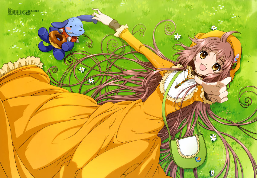 00s 1girl absurdres blush brown_eyes brown_hair choker detexted donut dress female_focus flower food grass hanato_kobato hat highres ioryogi katou_hiromi kobato. long_hair lying megami_magazine non-web_source official_art on_back open_mouth outdoors plant pointing solo stuffed_animal stuffed_toy third-party_edit very_long_hair