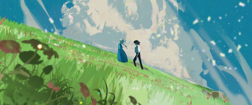 1boy 1girl black_hair black_pants blue_dress blurry blurry_foreground braid cloud cloudy_sky dress field flower flower_field full_body grey_hair highres howl_no_ugoku_shiro long_dress looking_at_another medium_hair nature outdoors pants shirt single_braid skirtsan sky sophie_hatter_(howl_no_ugoku_shiro) white_shirt