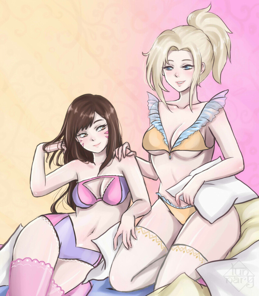 2girls bed blonde_hair blue_eyes bra bracelet breasts brown_hair choker crop_top d.va_(overwatch) facial_mark female_focus frills hand_on_another&#039;s_shoulder highres jewelry kneeling long_hair looking_at_another lunnaryart mercy_(overwatch) multiple_girls navel on_bed orange_panties overwatch overwatch_1 panties pillow ponytail purple_panties thighhighs underwear yuri