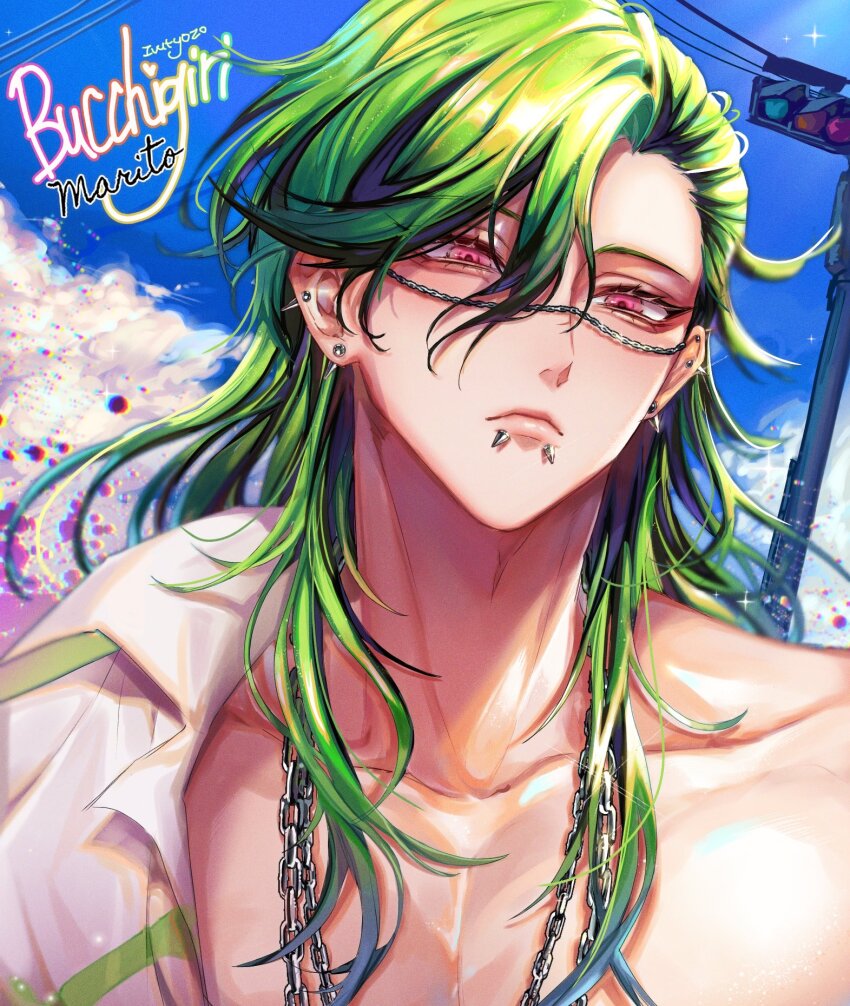 1boy blue_sky bucchigiri?! chain chain_necklace copyright_name day earrings green_hair highres ivutyozo jewelry jin_marito long_hair looking_at_viewer necklace outdoors pink_eyes portrait sky snakebite_(piercing) solo