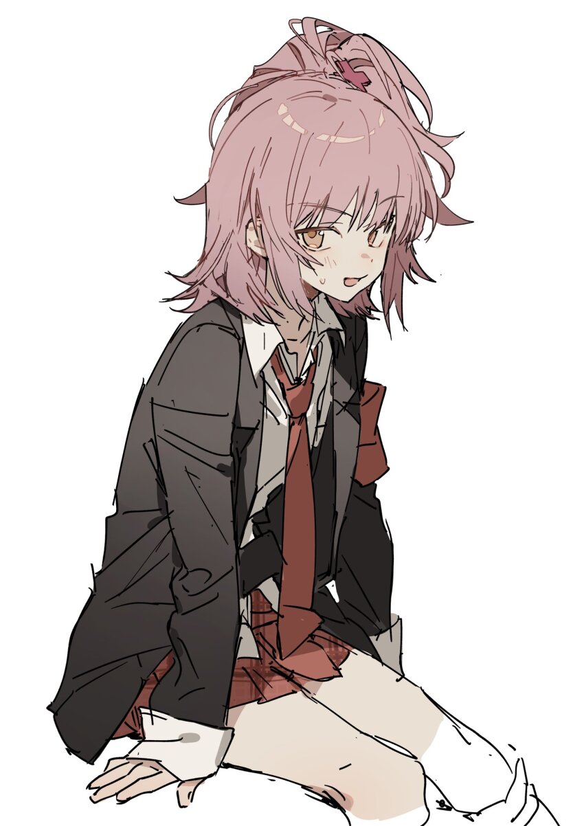 1girl armband black_jacket blush collared_shirt commentary_request highres hinamori_amu jacket looking_at_viewer necktie pink_hair ponytail red_armband red_necktie red_skirt school_uniform shirt shugo_chara! simple_background sitting skirt solo sweatdrop white_background white_shirt zhibuji_loom