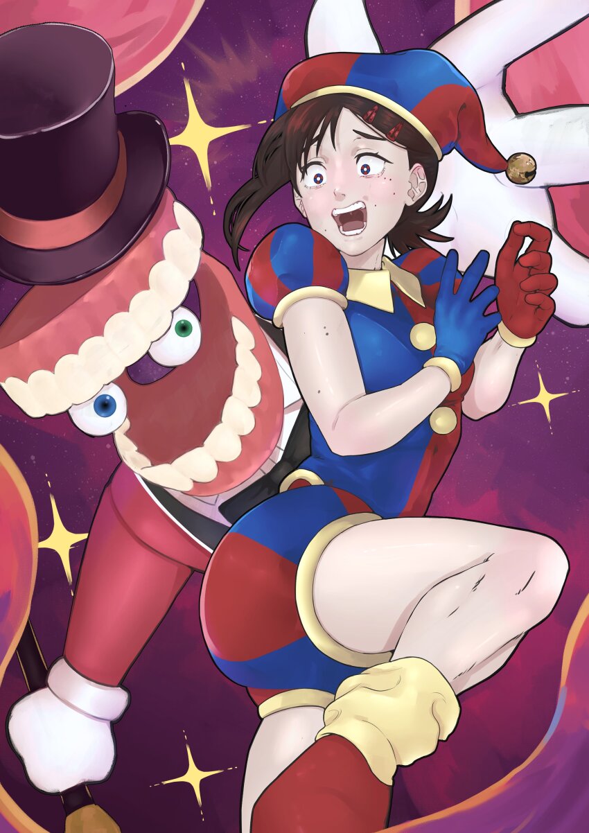 1boy 1girl absurdres ass asymmetrical_gloves blue_bodysuit blue_gloves blue_headwear bodysuit brown_eyes brown_hair caine_(the_amazing_digital_circus) chainsaw_man cosplay dakaeya dentures detached_eyes gloves hair_ornament hairclip hat hat_bell higashiyama_kobeni highres jester jester_cap jester_costume mismatched_gloves mole mole_under_eye multicolored_headwear open_mouth pale_skin pomni_(the_amazing_digital_circus) pomni_(the_amazing_digital_circus)_(cosplay) red_bodysuit red_gloves red_headwear scared striped_clothes striped_headwear the_amazing_digital_circus vertical-striped_bodysuit vertical-striped_clothes vertical-striped_headwear white_gloves