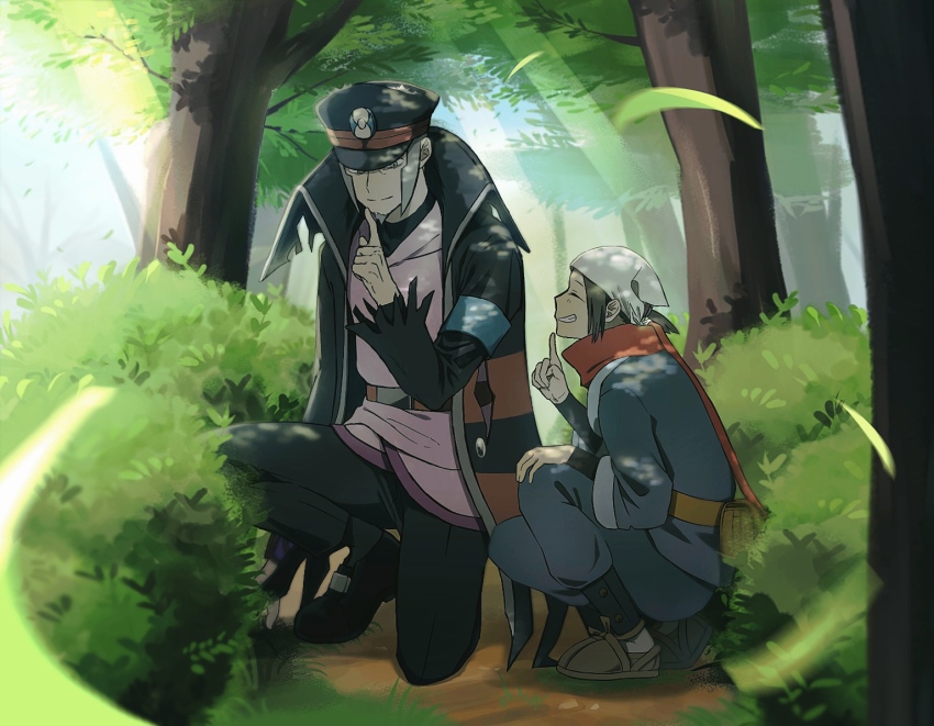 1boy 1girl akari_(pokemon) armlet bag belt black_coat black_footwear black_hair black_hat black_pants black_socks black_undershirt bush closed_eyes coat facial_hair falling_leaves finger_to_mouth forest goatee grass grey_eyes grey_hair grin hand_on_ground hat headscarf hiding ingo_(pokemon) jewelry kneeling leaf light_smile nature nintendo pants pearl_clan_outfit pokemon pokemon_legends:_arceus red_scarf satchel scarf scenery shiojake_gg short_hair shushing sideburns sidelocks smile socks squatting sunlight torn_clothes torn_coat tree undershirt white_headscarf