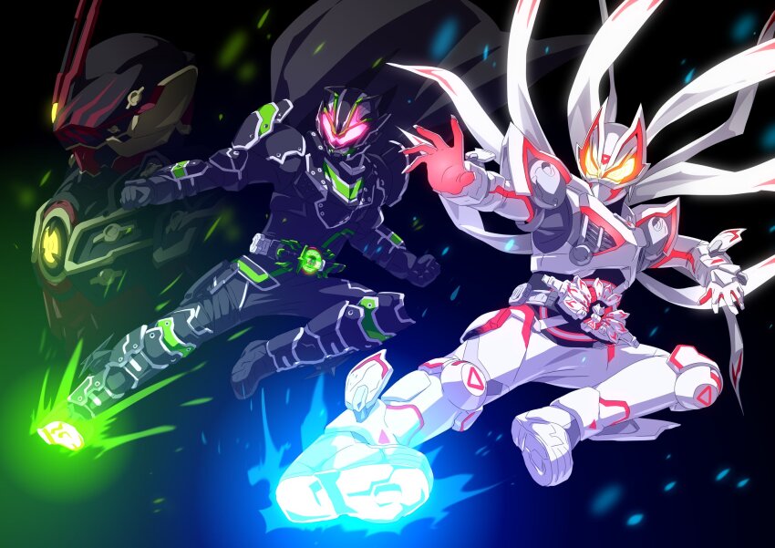 3boys animal_ears armor black_armor black_background black_bodysuit bodysuit boost_mark_ix_buckle bujinsword_buckle cape commentary desire_driver rider_belt energy_ball extra_tails faceoff finishing_move flying_kick fox_mask from_side geats_buster_qb9 glowing glowing_eyes helmet highres kamen_rider kamen_rider_geats kamen_rider_geats_(series) kamen_rider_geats_ix kamen_rider_regad kamen_rider_tycoon kamen_rider_tycoon_bujinsword kicking light_particles male_focus mask multiple_boys neon_trim night open_hands orb otokamu power_armor raccoon_ears red_eyes rider_belt signature tokusatsu weapon yellow_eyes zoom_layer