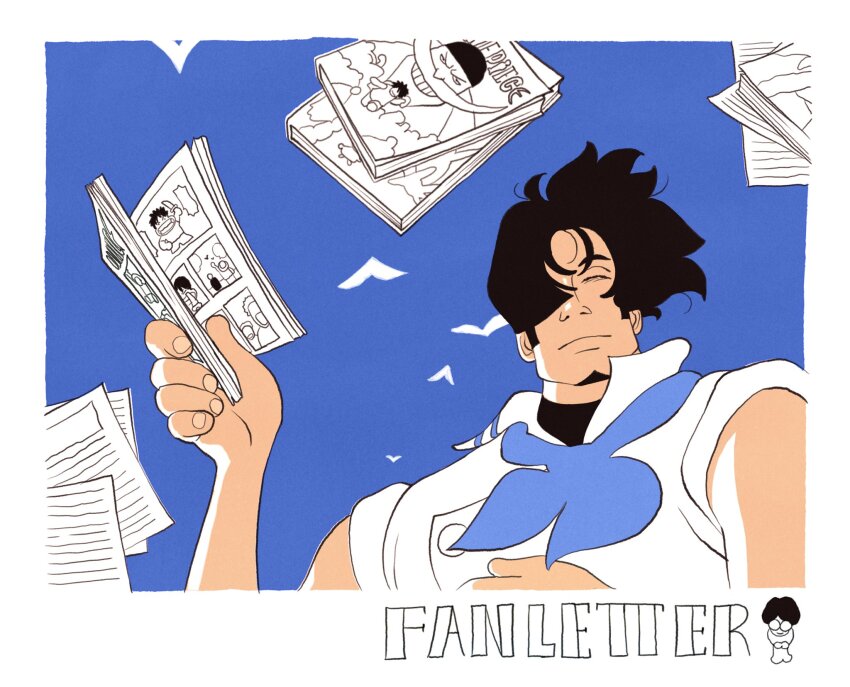 1boy bird blue_neckerchief blue_sky book closed_eyes closed_mouth elder_marine_brother facial_hair goatee highres holding holding_book jolly_roger monkey_d._luffy neckerchief one_piece one_piece_fan_letter shirt sky sleeveless sleeveless_shirt tamerlanbekm white_shirt whitebeard_pirates_jolly_roger