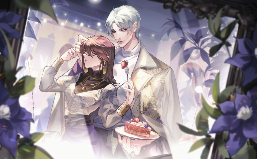 1boy 1girl absurdres blurry brown_hair cake charlie_su closed_eyes closed_mouth dress earrings flower food fork fruit highres holding holding_food holding_fork holding_plate jacket jewelry light_and_night_love long_hair long_sleeves necklace plate protagonist_(light_and_night_love) shirt short_hair strawberry white_hair zhuowang233
