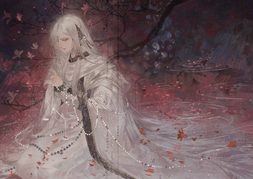 1boy absurdres beads branch chinese_clothes closed_mouth facial_mark flower full_body hair_ornament hair_over_shoulder hanfu highres holding holding_scale huadian jinguang_budaixi kneeling long_hair long_sidelocks looking_down male_focus moranhuishouquandoushigou parted_bangs parted_hair petals pink_flower prayer_beads qiao_rulai rain sidelocks solo water weighing_scale white_hair white_hanfu yellow_eyes