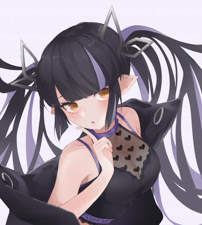 1girl black_hair black_jacket black_shirt blush breasts cleavage commentary_request cropped_shirt demon_girl demon_horns heart heart_print highres horns index_finger_raised irisu-chan_(yumemiruk) jacket kojo_anna kojo_anna_(1st_costume) long_hair looking_at_viewer medium_breasts nanashi_inc. open_clothes open_jacket open_mouth pointy_ears print_shirt purple_hair see-through_cleavage see-through_clothes see-through_shirt shirt simple_background sleeveless sleeveless_shirt solo sugar_lyric twintails upper_body virtual_youtuber white_background yellow_eyes
