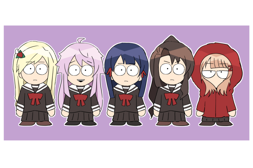 &gt;:( 5girls :d ahoge akikaze_rui black_shirt black_shoes black_skirt blonde_hair blue_hair blunt_bangs border brown_hair brown_shoes bullfalk chibi chibi_only closed_mouth commentary_request curtained_hair flower frown hair_flower hair_ornament jacket long_hair multiple_girls no_mouth open_mouth otonashi_ichie outline parody ponytail purple_background purple_hair red_flower red_jacket school_uniform serafuku shirt shoes shoujo_kageki_revue_starlight shoujo_kageki_revue_starlight_-re_live- sidelocks simple_background skirt smile south_park south_park_(style) style_parody tanaka_yuyuko tomoe_tamao v-shaped_eyebrows white_border white_outline yumeoji_fumi