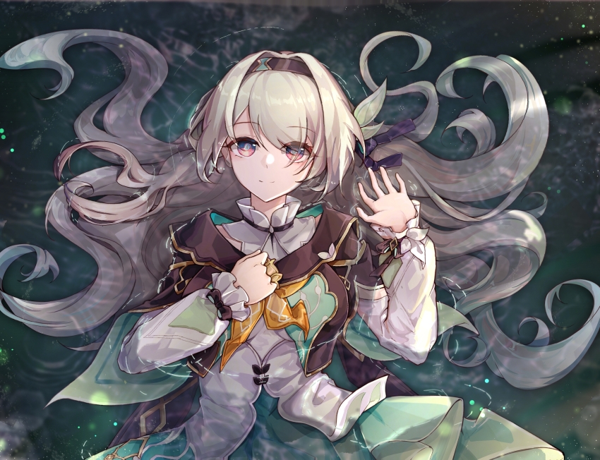 1girl absurdres aqua_dress black_hairband cropped_jacket detached_sleeves dress firefly_(honkai:_star_rail) frilled_sleeves frills grey_hair hair_between_eyes hair_intakes hair_ornament hair_ribbon hairband hand_on_own_chest highres honkai:_star_rail honkai_(series) in_water long_sleeves lying multicolored_eyes neckerchief on_back orange_neckerchief ribbon shuiyinzijun