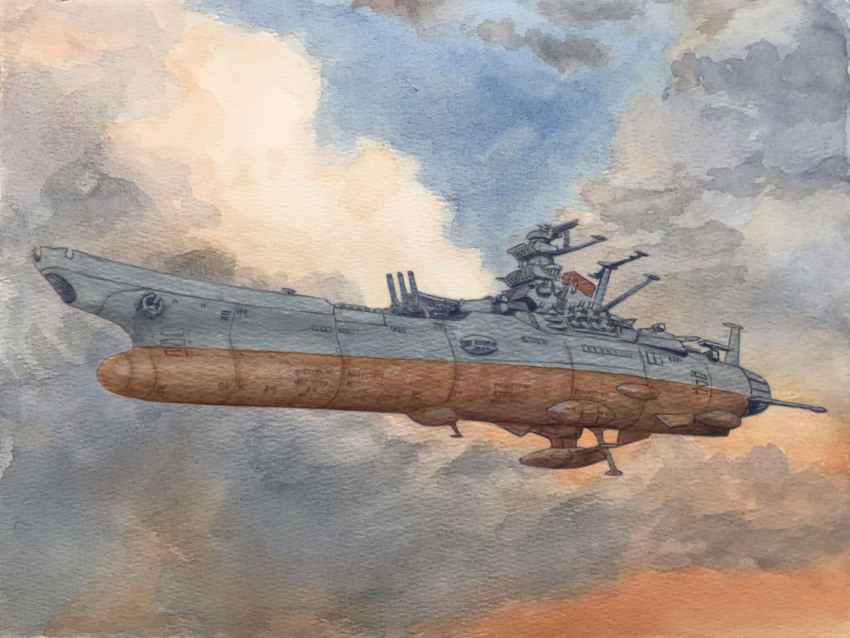 aircraft airship atelier_bono battleship cannon evening flying highres jet_engine military_vehicle no_humans painting_(medium) ship ship_turret sky smokestack traditional_media uchuu_senkan_yamato vehicle_focus warship watercolor_(medium) watercraft yamato_(uchuu_senkan_yamato)