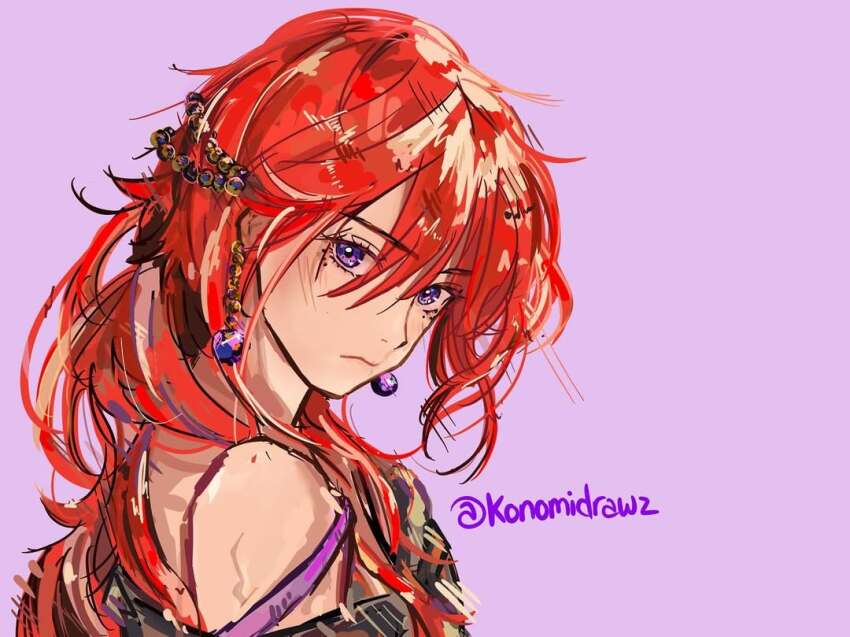 1girl bare_shoulders claire_bladeheart closed_mouth earrings jewelry konomidrawz long_hair looking_at_viewer pink_background purple_hair red_hair serious simple_background solo the_beginning_after_the_end very_long_hair