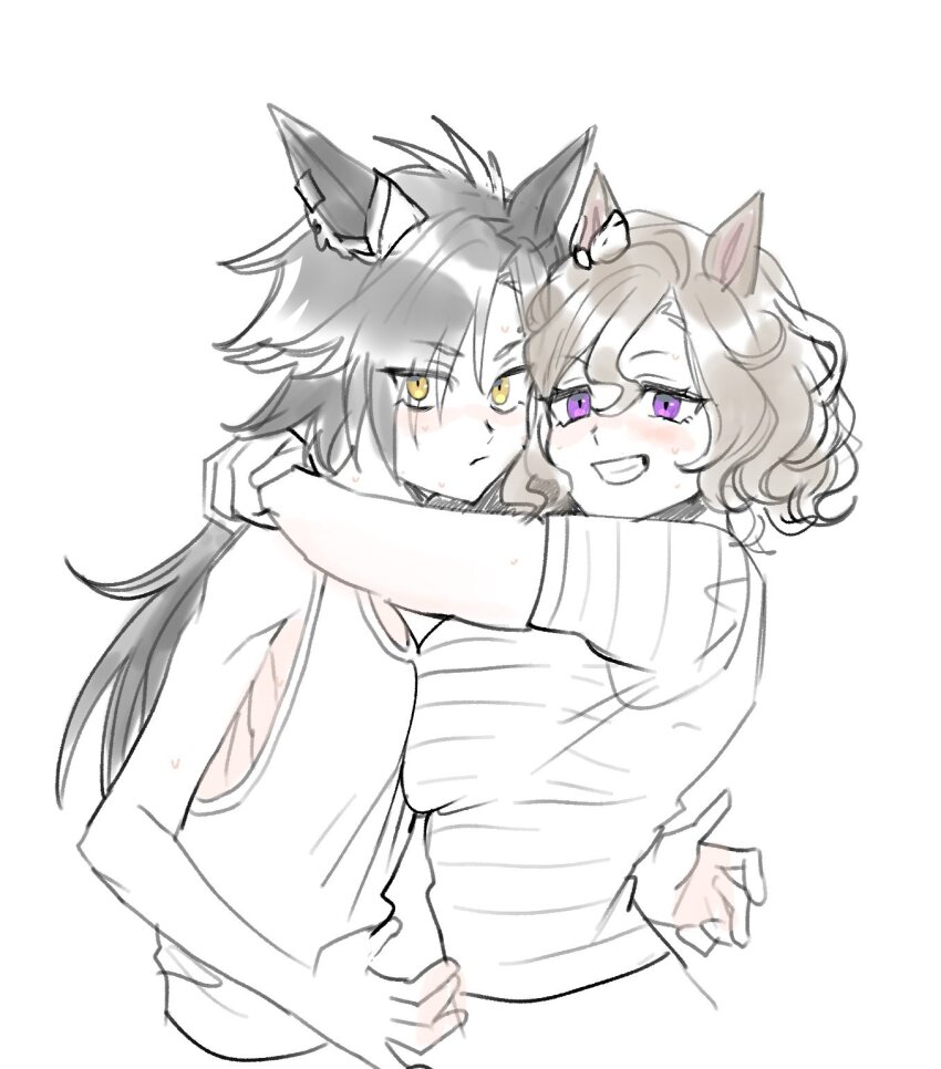2girls :/ air_shakur_(umamusume) animal_ears arms_around_neck asymmetrical_docking black_hair blush breast_press breasts brown_hair grin heads_together highres horse_ears horse_girl hug korean_commentary large_breasts long_hair looking_at_viewer mixed-language_commentary multiple_girls muted_color purple_eyes sanpaku shirt short_hair short_sleeves smile striped_clothes striped_shirt tank_top tap_dance_city_(umamusume) tsurime uma_ozisan umamusume wavy_hair white_background yellow_eyes yuri