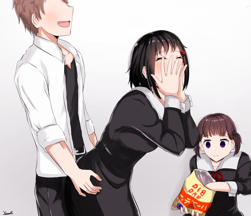 1boy 2girls :| bag bag_of_chips bent_over black_dress black_hair black_legwear black_undershirt blank_eyes blank_stare blouse blush bob_cut brown_hair closed_eyes closed_mouth collar collarbone commentary couple dress dry_humping eating empty_eyes food gradient_background grinding hair_ornament hairclip hands_on_another&#039;s_hips hands_on_own_face highres holding holding_bag holding_food humping kaguya-sama_wa_kokurasetai_~tensai-tachi_no_renai_zunousen~ kashiwagi_nagisa leaning_forward looking_at_another meme multiple_girls neck_ribbon neigaimu netorare no_eyes open_clothes open_mouth open_shirt pants photo-referenced purple_eyes raised_eyebrows red_ribbon ribbon school_uniform sexually_suggestive shijou_maki shirt short_hair short_twintails shuuchiin_academy_school_uniform signature smile staring tanuma_tsubasa traumatized twintails voyeurism watching white_background white_collar white_shirt