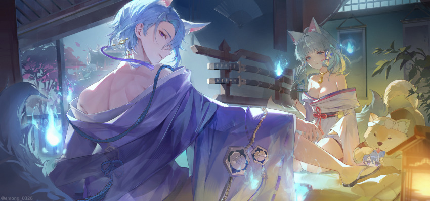 1boy 1girl absurdres alternate_costume alternate_species animal_ear_fluff animal_ears architecture ayaka_(genshin_impact) back bare_shoulders black_gloves black_sandals black_sash blue_eyes blue_fire blunt_bangs blunt_tresses blurry breasts bright_pupils brother_and_sister character_doll chinese_knot cleavage commentary depth_of_field dog doll east_asian_architecture emong fire flower_knot folding_fan fox_boy fox_ears fox_girl fox_tail from_behind genshin_impact glint gloves gold_choker grey_eyes grey_hair hair_between_eyes hair_over_shoulder hair_tubes hand_fan hand_up hanging_scroll high_ponytail highres holding holding_fan indoors japanese_clothes kamisato_ayato kamisato_clan_(emblem) katana kimono kitsune lantern long_hair long_sleeves looking_at_viewer looking_back median_furrow medium_hair mole mole_under_eye mole_under_mouth neck_tassel night off_shoulder parted_bangs parted_lips plant ponytail purple_eyes purple_kimono ribbon-trimmed_sleeves ribbon_trim sandals sash scroll seiza sheath sheathed shiba_inu short_kimono siblings sitting smile sword tail taroumaru_(genshin_impact) tassel twitter_username weapon white_kimono white_pupils wide_sleeves