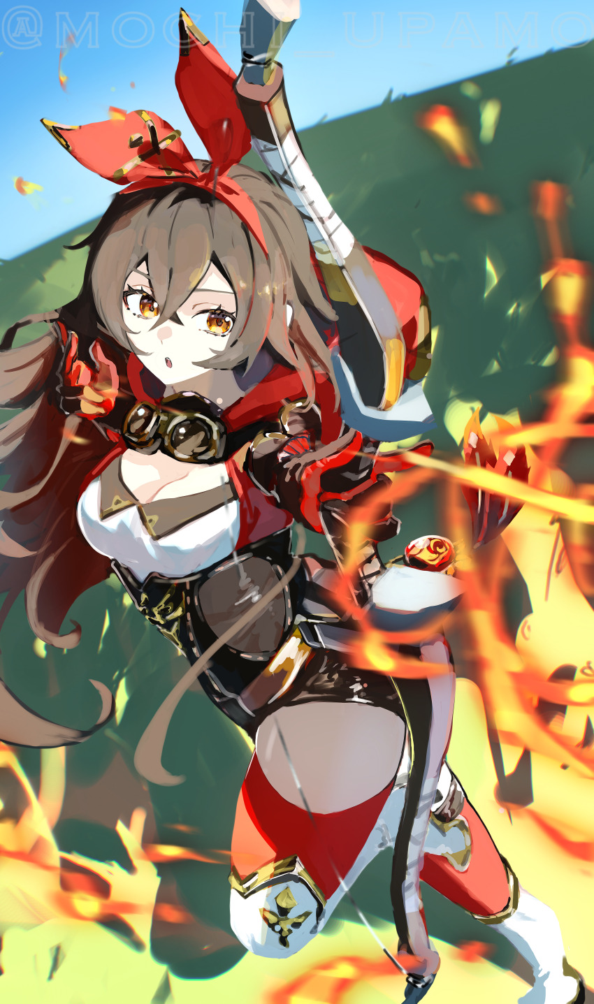 1girl :o absurdres amber_(genshin_impact) arrow_(projectile) artist_name black_gloves blue_sky boots bow_(weapon) breasts brown_corset brown_hair brown_shorts cleavage commentary corset english_commentary eyelashes firing flaming_arrow full_body genshin_impact gloves hair_between_eyes hairband highres holding holding_bow_(weapon) holding_weapon medium_breasts medium_hair micro_shorts mochi_upamo open_mouth orange_eyes outdoors pyro_symbol_(genshin_impact) red_gloves red_hairband red_thighhighs shirt shorts sidelocks sky solo teeth thighhighs twitter_username two-tone_gloves upper_teeth_only vision_(genshin_impact) weapon white_boots white_shirt