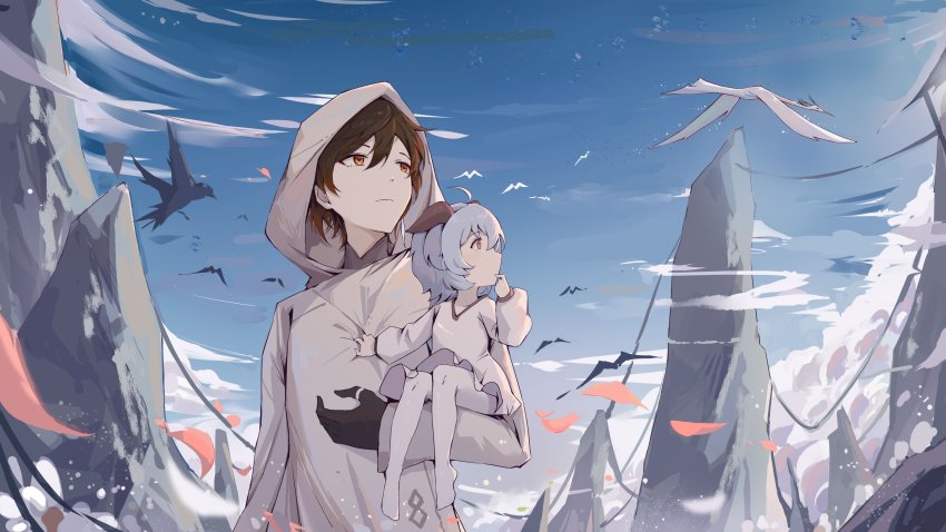 1boy 1girl absurdres aged_down ahoge barefoot bird black_gloves blue_hair brown_hair carrying child_carry closed_mouth commentary curled_horns darkcatowo dress earrings finger_to_mouth ganyu_(genshin_impact) genshin_impact gloves goat_horns hair_between_eyes highres hood hood_up horns jewelry long_sleeves looking_to_the_side orange_eyes puffy_long_sleeves puffy_sleeves purple_eyes red_horns robe short_hair single_earring tassel tassel_earrings thumb_ring white_dress white_robe zhongli_(archon)_(genshin_impact) zhongli_(genshin_impact)